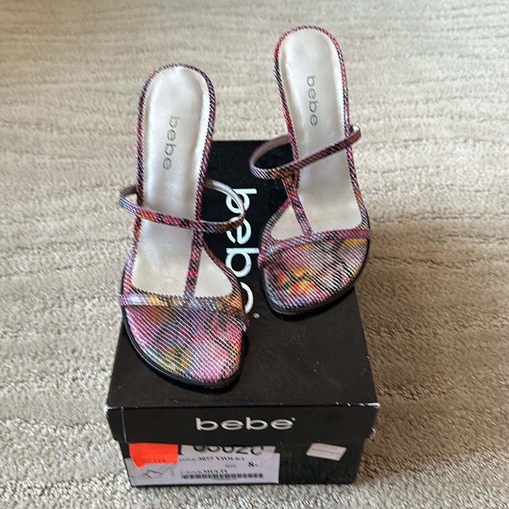 Bebe Leather Snake Print T Strap Slip On High Heel Sandal Y2K Purple Pink Sz 8.5 - Picture 15 of 16